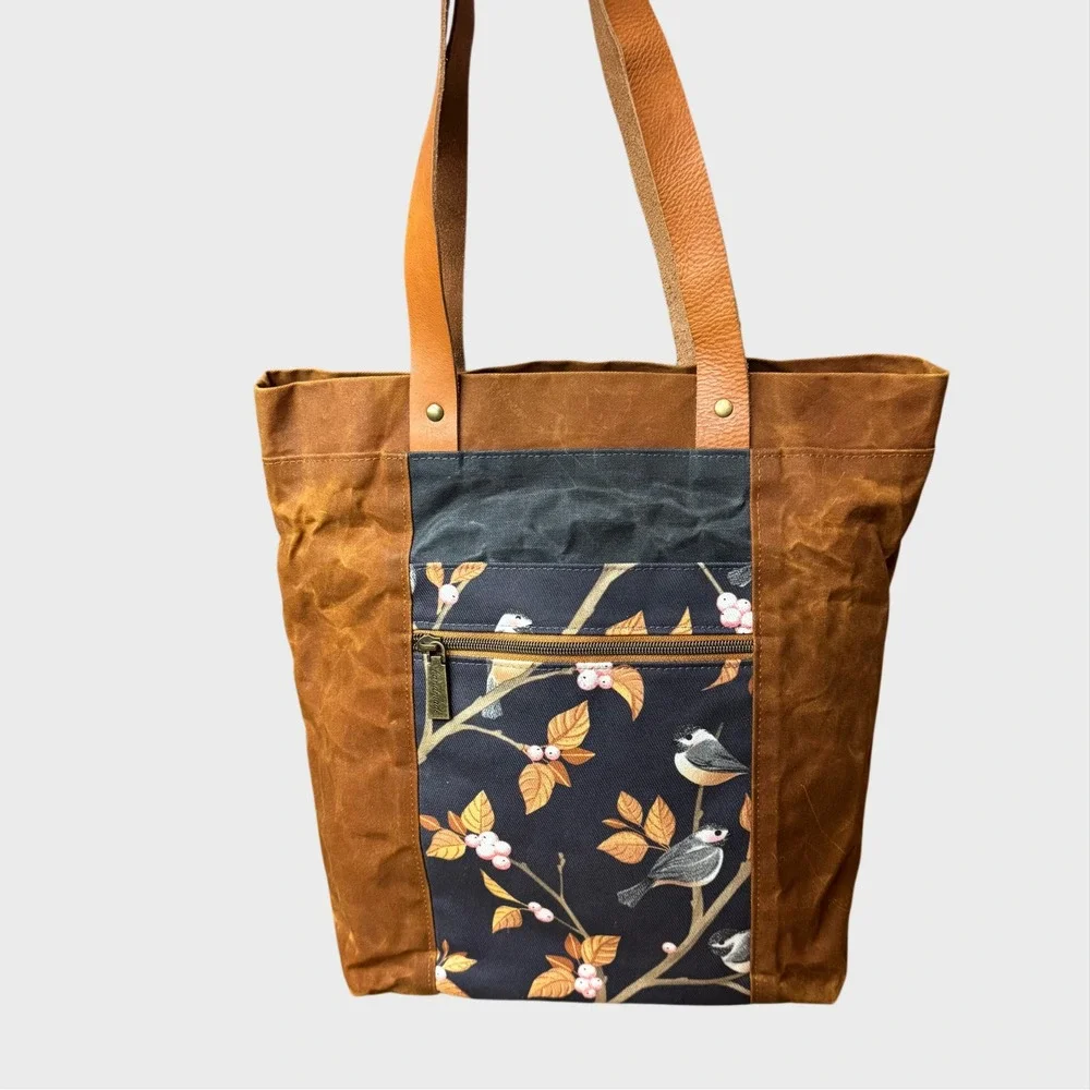 Waxed Canvas and Leather Tote Bag Cute Birds In Tree Cottage Core Reusable - Picture 1 of 10